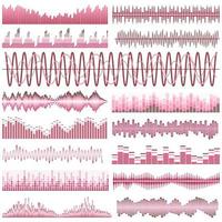 Vector set of red sound waves. Audio equalizer. Sound and audio waves isolated on white background.