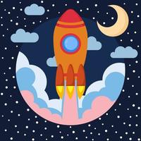 Space rocket ship in round piece with Moon and clouds. Space rocket launch. Project startup and development process concept. The rocket flies upwards. vector