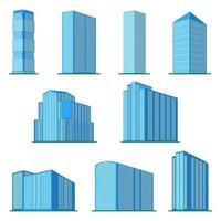 Set of nine modern high-rise building on a white background. View of the building from the bottom. Isometric vector illustration.