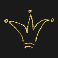 Gold glitter hand drawn crown. Simple graffiti sketch queen or king crown. Royal imperial coronation and monarch symbol isolated on dark background. Vector illustration.