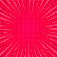 Red comic book page background in pop art style with empty space. Template with rays, dots and halftone effect texture. Vector illustration