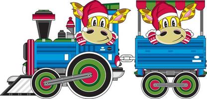 Papa Noel claus Navidad jirafa en tren con pasajero en carro vector