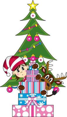 Cartoon Christmas Elf and Reindeer with Xmas Tree