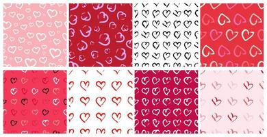 Set of eight seamless pattern with hand drawn hearts. Doodle grunge heart. Vector illustration.