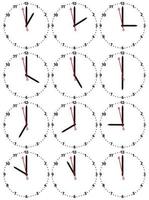 A set of mechanical clocks with an image of each of the twelve hours. Clock face on white background. vector