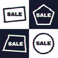 Set of four distorted glitch sale banners with error effect on the edges and in text. Vector illustration.