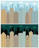 Street view with cityscape, skyscrapers and modern buildings in the day and night. Vector urban landscape illustration.