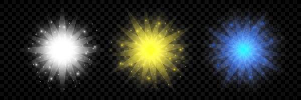 Light effect of lens flares. Set of three white, yellow and blue glowing lights starburst effects with sparkles vector