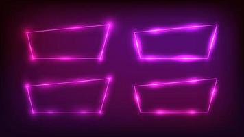 Set of four neon trapezoid frames with shining effects on dark background. Empty glowing techno backdrop. Vector illustration.