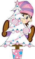 Cute Cartoon Christmas Elf Climbing Xmas Tree vector