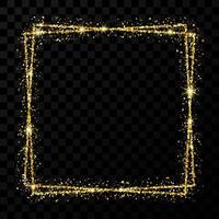Gold double square frame. Modern shiny frame with light effects isolated on dark vector