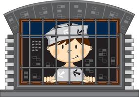 Cartoon Prisoner in Classic Arrow Style Prison Uniform in Jail Cell vector