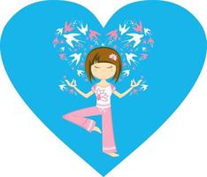 dibujos animados yoga niña con golondrinas en corazón ilustración vector