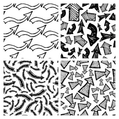 Seamless pattern with black hand drawn arrows. Set of four creative abstract backgrounds. Vector illustration