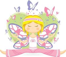 linda dibujos animados yoga niña con alas y mariposas ilustración vector