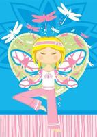 linda dibujos animados yoga niña con alas y libélulas ilustración vector