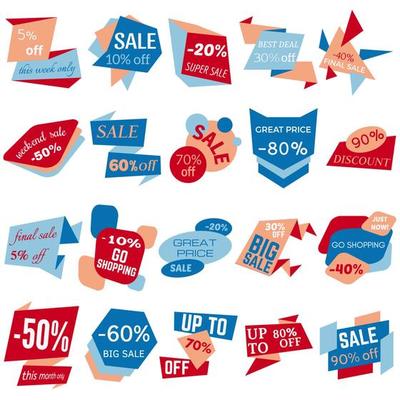 Set of Sale Discount Labels, Tags, Emblems. Web collection of stickers and badges for sale. Isolated vector illustration.