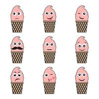 Set of nine pink emoji ice cream with different characters on white background. Vector illustration