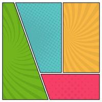 Colorful comic book page background in pop art style. Empty template with rays and dots pattern. Vector illustration