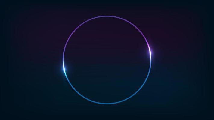 Neon circle frame with shining effects on dark background. Empty glowing techno backdrop. Vector illustration.