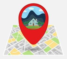 Map of an imaginary city with point on the map with a lonely house. Vector illustration.