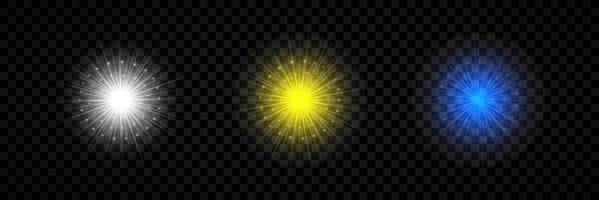 Light effect of lens flares. Set of three white, yellow and blue glowing lights starburst effects with sparkles vector