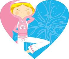 linda dibujos animados meditando yoga niña en corazón vector