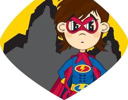 dibujos animados heroico superhéroe niña en proteger con rascacielos vector