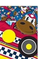 Cartoon Cow Racing Driver in Sports Car on a Patterned Background vector