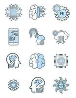 conjunto de artificial inteligencia relacionado vector línea iconos contiene tal íconos como cara reconocimiento, algoritmo, auto aprendizaje estilo. editable carrera diseño