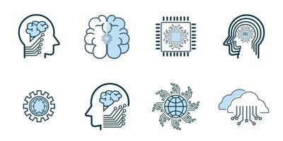 Groups of technology icon set, such as robot, digital, vr, ai, cyber Artificial Intelligence groups Related Vector Line Icons. Contains such Icons as AI processing, Algorithm