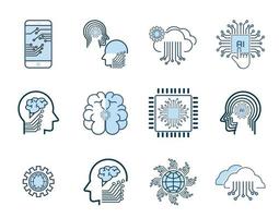 Set of Artificial Intelligence-AI icons, symbols vector design, vector Line Icons, Face Recognition, Android, Humanoid Robot, Thinking Machine. Editable Stroke