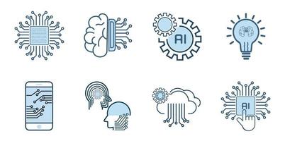 Artificial Intelligence groups Related Vector Line Icons. Contains such Icons as AI processing, Algorithm, Self-learning style. Editable Stroke design