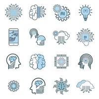 Group of icons of artificial intelligence operatating system, AI circutes line style icons, clouds, world, brain, mobile and idea machine in set, modern AI smart vector