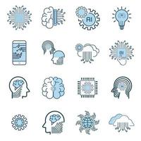 Group of icons of artificial intelligence operatating system, AI circutes line style icons, clouds, world, brain, mobile and idea machine in set, modern AI smart vector