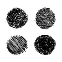 Sketch scribble smear. Set of four black pencil drawings in the shape of a circle on white background vector