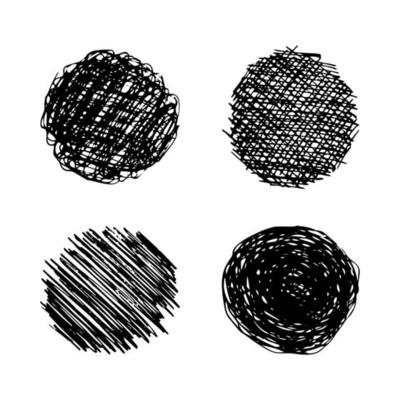 Sketch scribble smear. Set of four black pencil drawings in the shape of a circle on white background