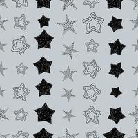 Seamless background of doodle stars. Black hand drawn stars on grey background. Vector illustration