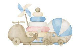 Watercolor illustration with Baby Toys in pastel blue and beige colors. Hand drawn drawing on isolated background for Kid shower party. Colorful horizontal composition with vintage pyramid and car vector