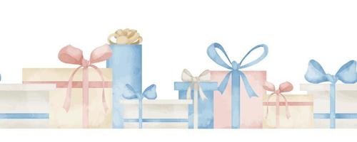 Seamless Border with Gift Boxes in pastel blue and pink colors. Hand drawn watercolor illustration with Presents for Frame or Banner. Isolated ornament for happy Birthday greeting cards or invitations vector