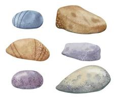 Colorful Sea Stones set. Hand drawn watercolor illustration with Pebbles on isolated on background. Drawing of striped smooth oceanic rocks. Sketch of minerals in pastel beige and blue colors vector