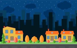 Vector night city with three cartoon houses and buildings. City space with road on flat style background concept. Summer urban landscape. Street view with cityscape on a background