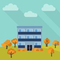 Lone three-storey house in a field with an yellow trees. Vector illustration.