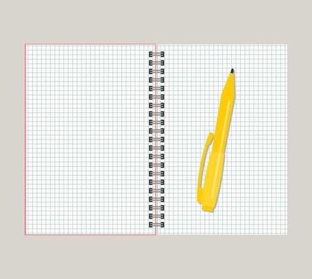 Open notebook with yellow pen. Vector illustration