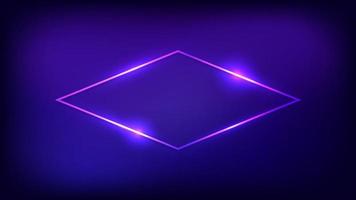 Neon rhomb frame with shining effects on dark background. Empty glowing techno backdrop. Vector illustration.