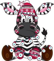 dibujos animados cebra en lanoso sombrero cubierto en Navidad adornos vector