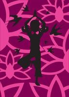 Cartoon Meditating Yoga Girl with Swallows Silhouette vector