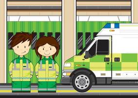 Cute Cartoon British Paramedics with Ambulance at Station vector
