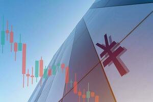 Chinese renminbi yuan symbol and marketplace charts on business center background. Trading, investment or financial concept. Technical price graph and indicator, red and green candlestick chart. photo