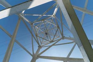 Transmission tower, view from below. Overhead pylon power line tower, distribution and transmit electrical energy across large distances. photo